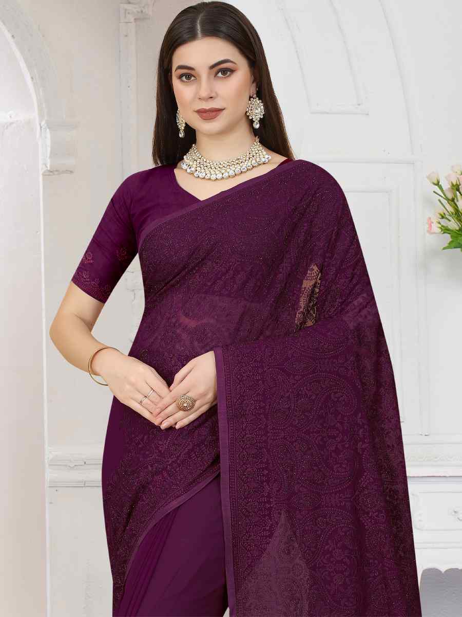 Wine Georgette Embroidered Wedding Party Heavy Border Saree