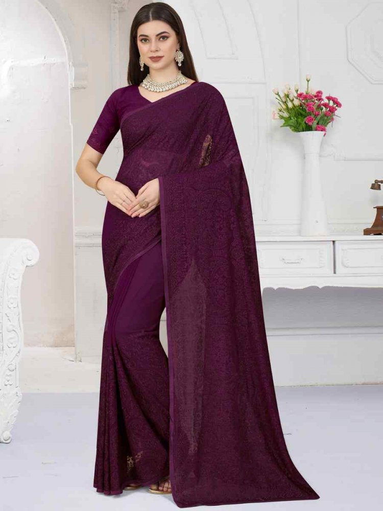 Wine Georgette Embroidered Wedding Party Heavy Border Saree