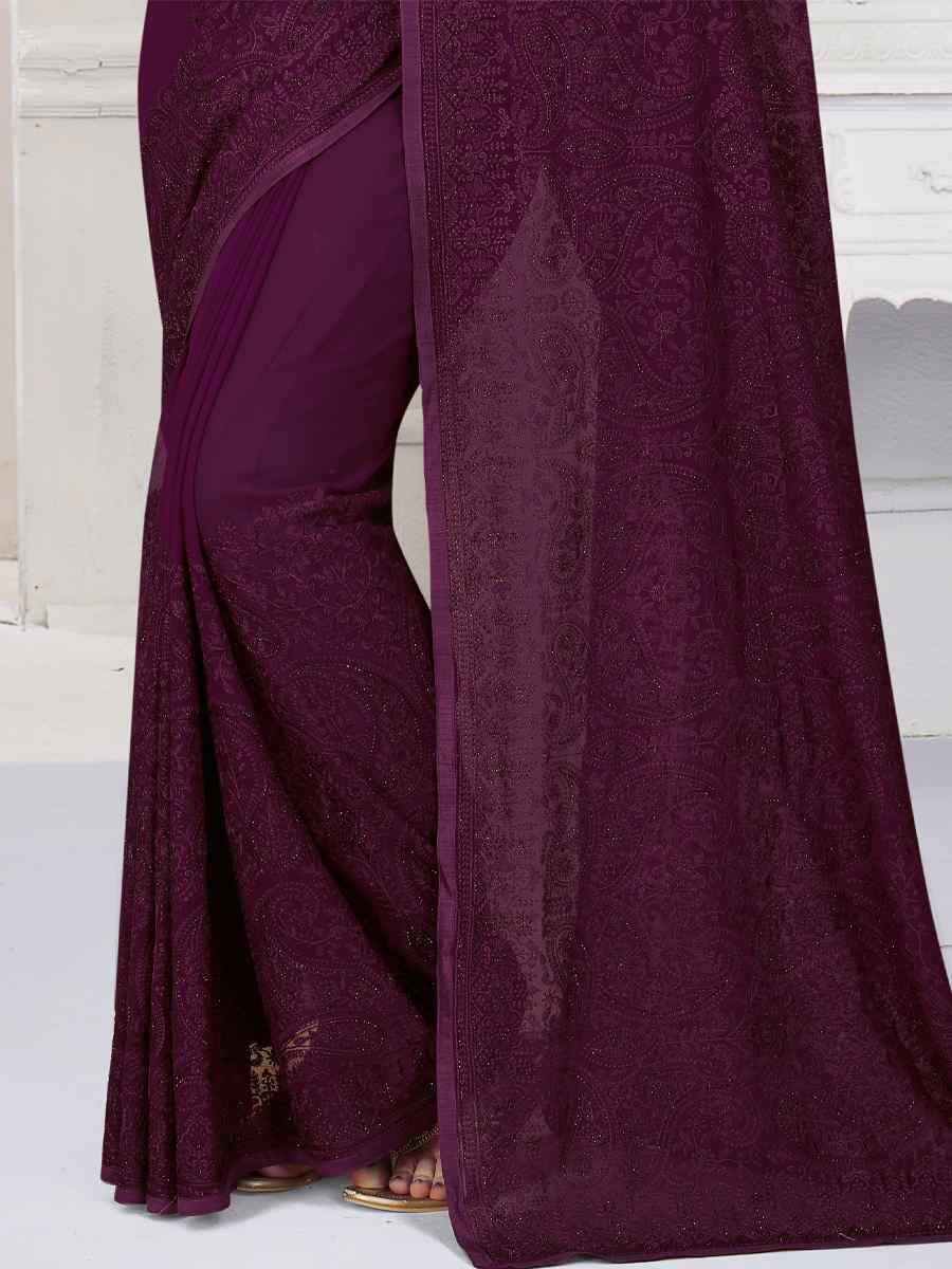 Wine Georgette Embroidered Wedding Party Heavy Border Saree