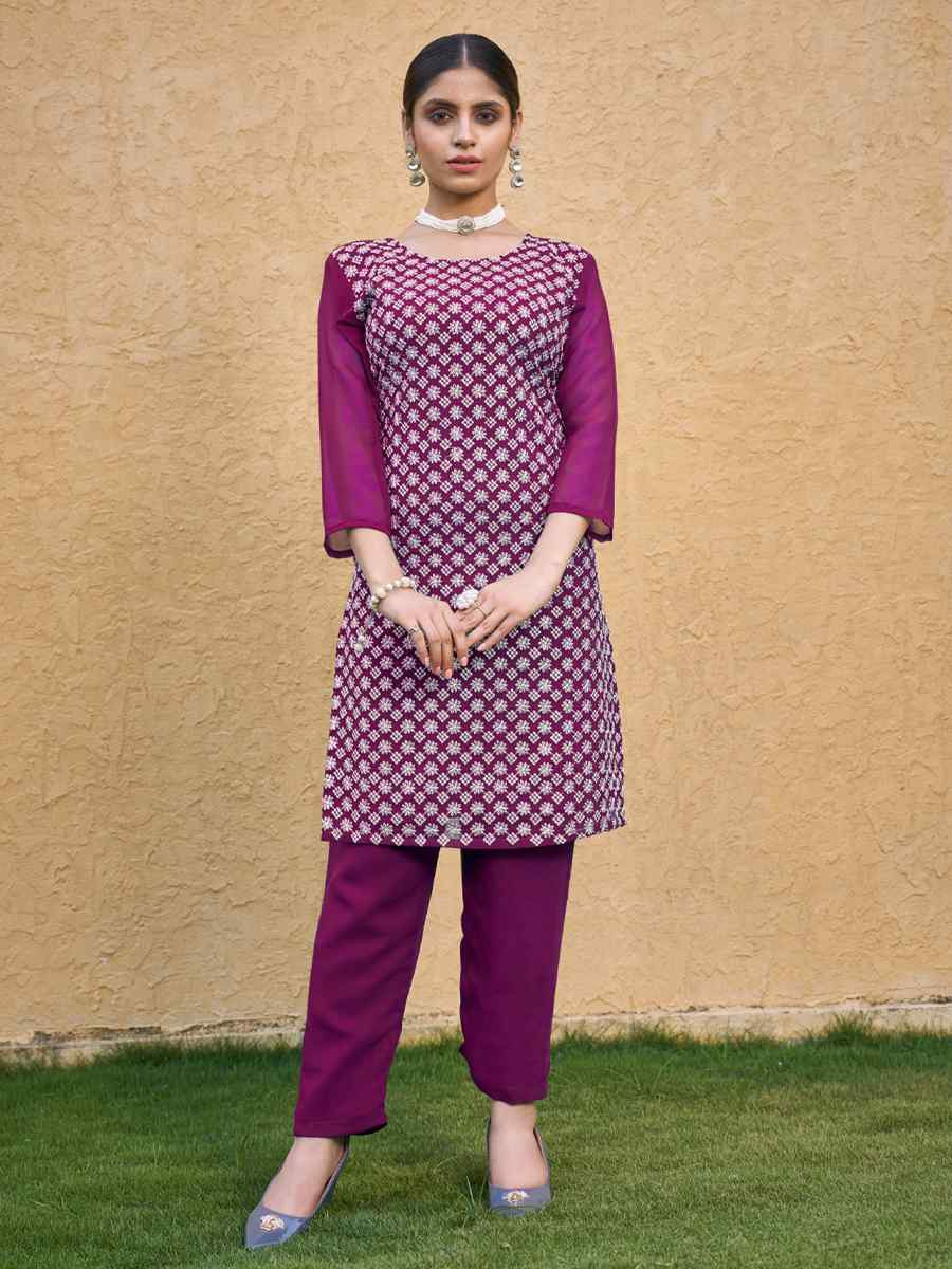 Wine Georgette Embroidery Festival Casual Kurti