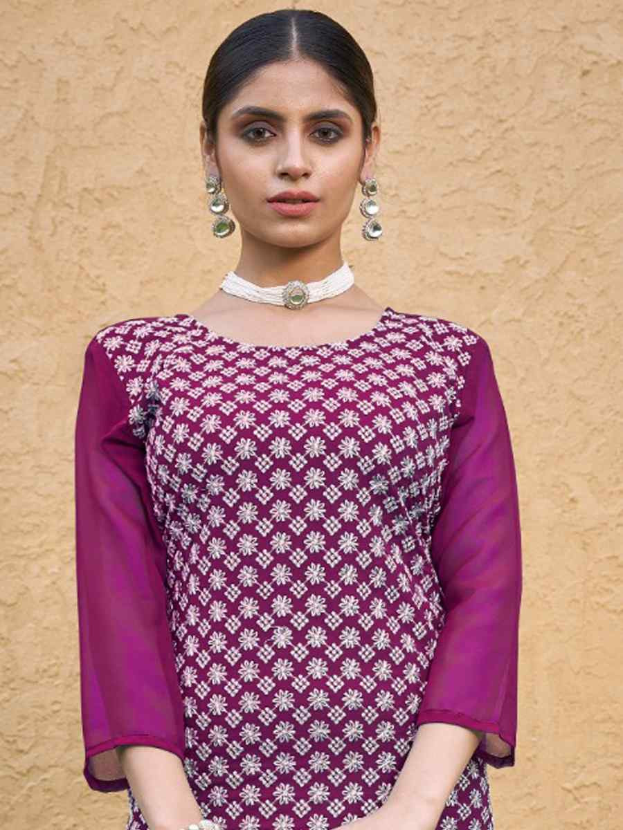 Wine Georgette Embroidery Festival Casual Kurti