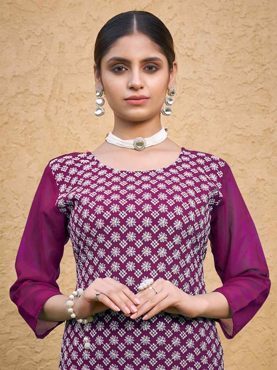 Wine Georgette Embroidery Festival Casual Kurti