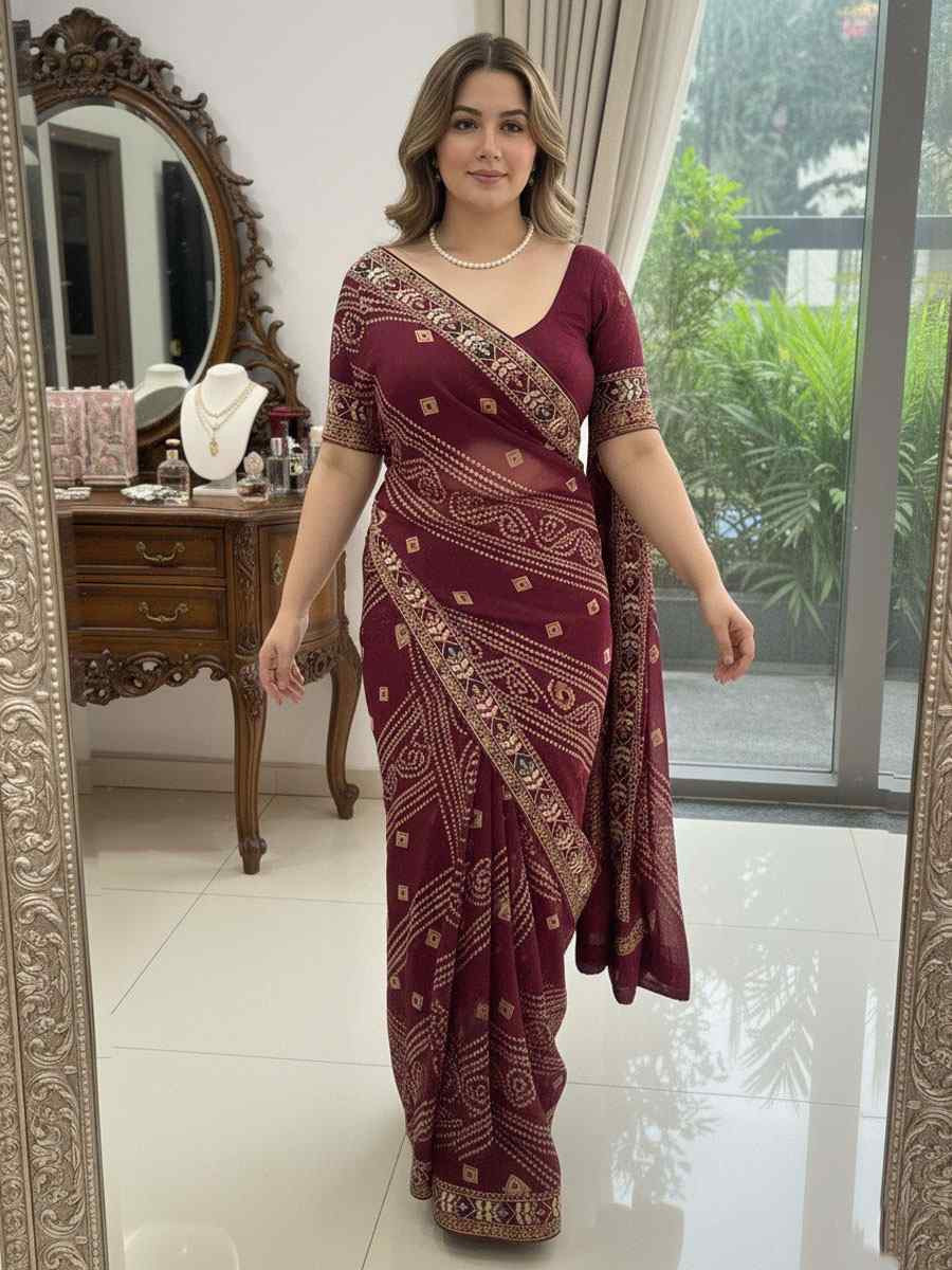 Wine Georgette Embroidery Printed Casual Reception Festival Wedding Fancy Classic Style Sarees