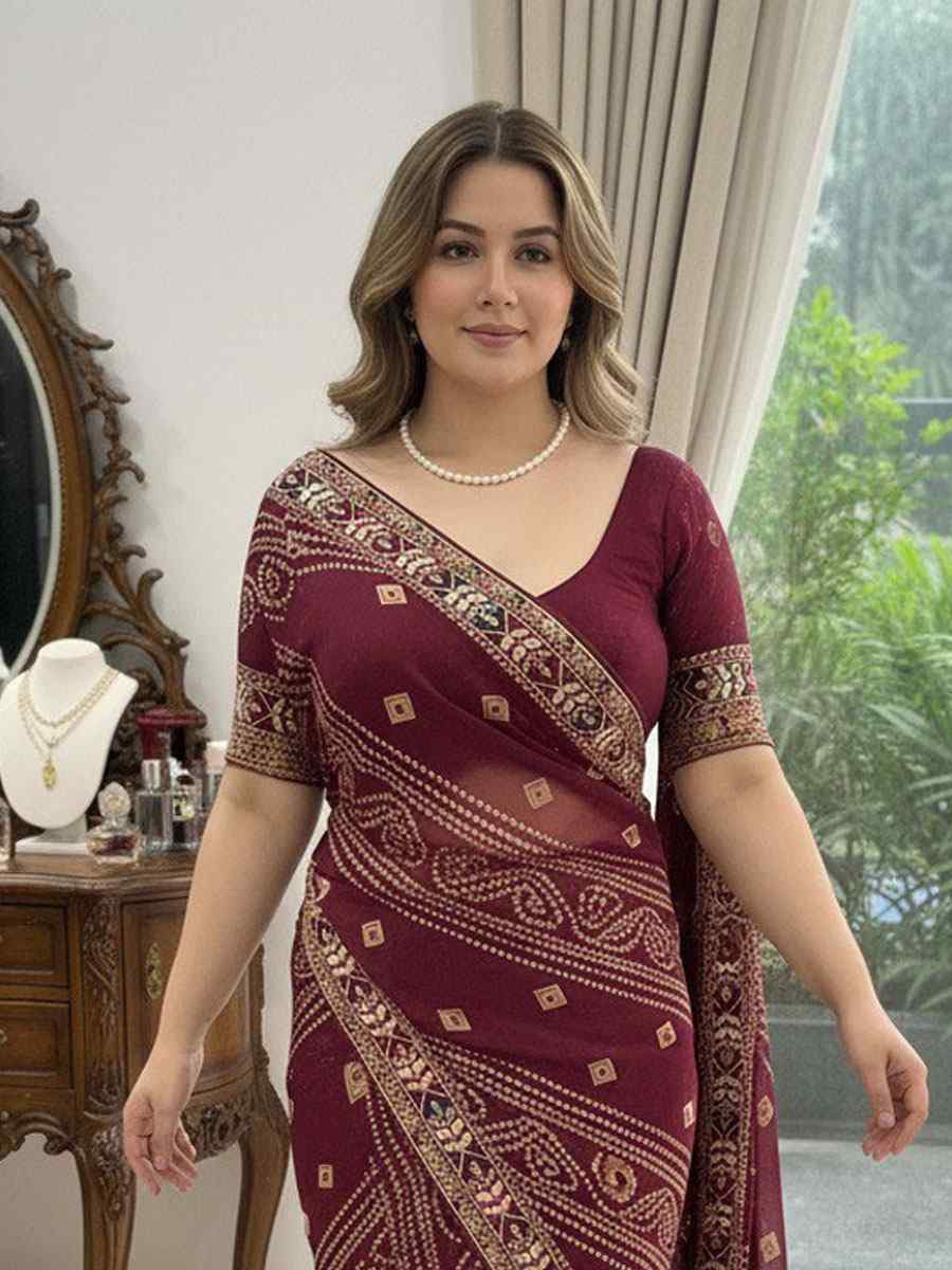 Wine Georgette Embroidery Printed Casual Reception Festival Wedding Fancy Classic Style Sarees