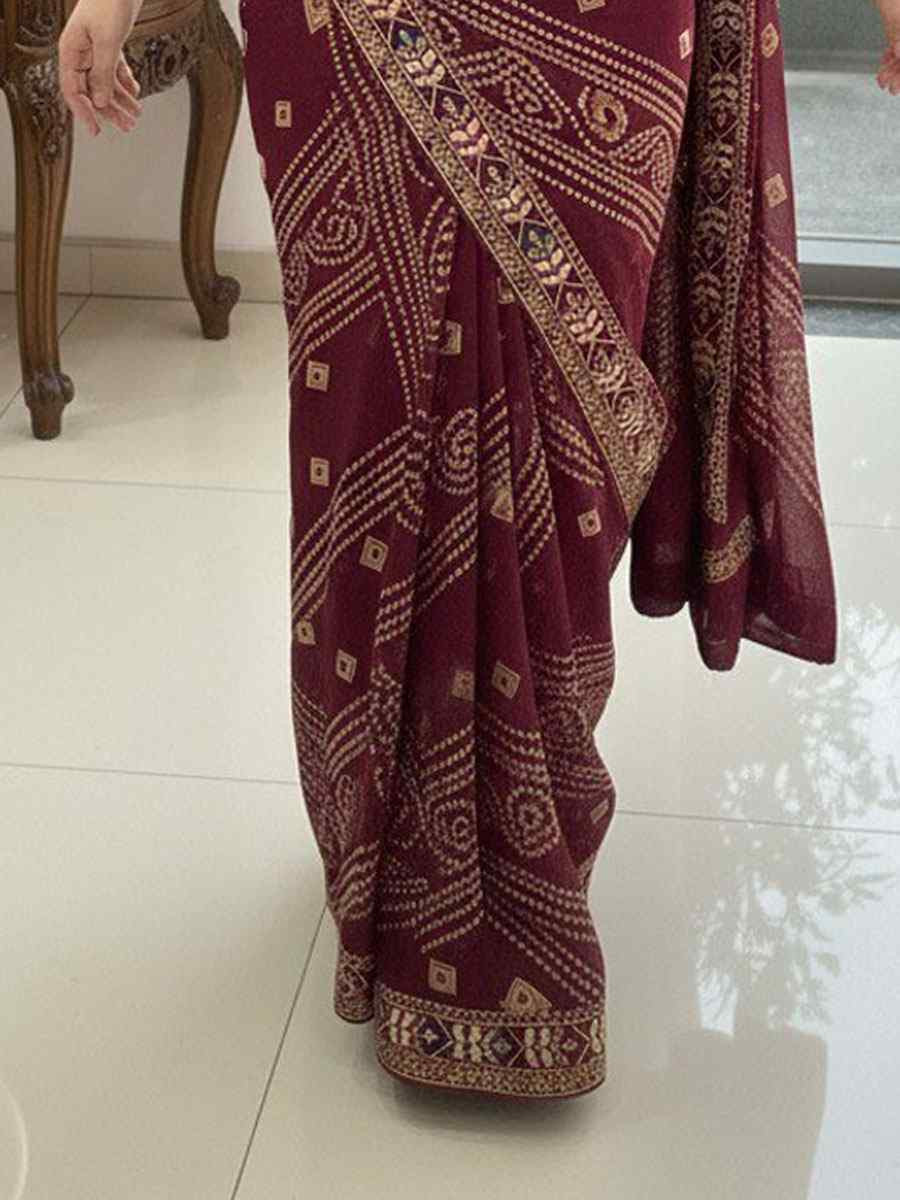 Wine Georgette Embroidery Printed Casual Reception Festival Wedding Fancy Classic Style Sarees