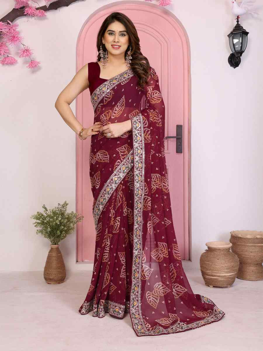 Wine Georgette Embroidery Printed Traditional Bridal Reception Festival Wedding Fancy Heavy Border Saree