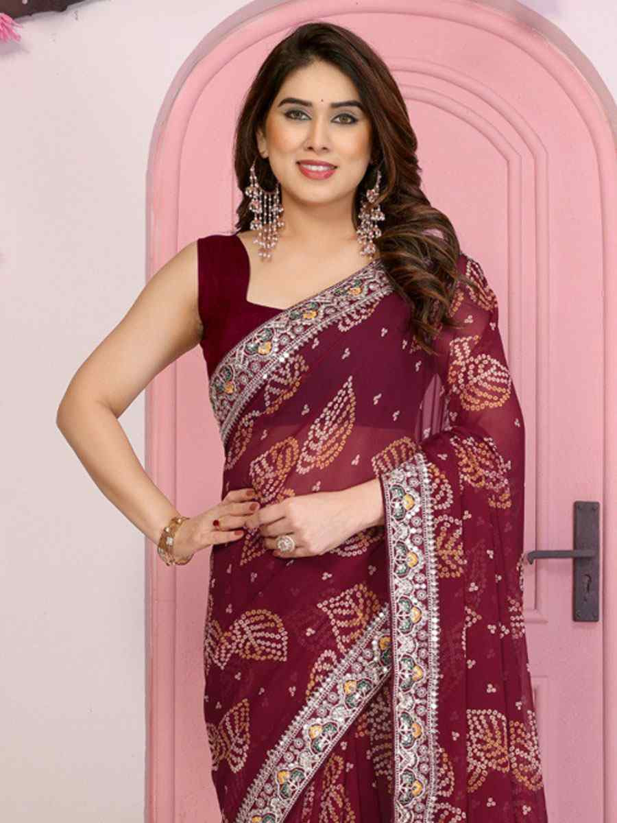 Wine Georgette Embroidery Printed Traditional Bridal Reception Festival Wedding Fancy Heavy Border Saree