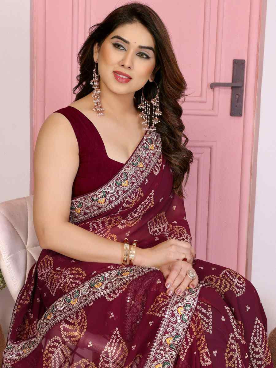 Wine Georgette Embroidery Printed Traditional Bridal Reception Festival Wedding Fancy Heavy Border Saree