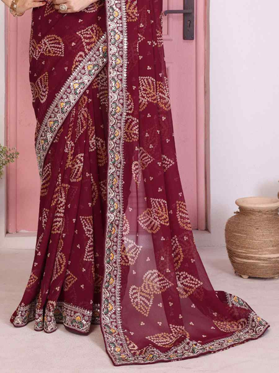 Wine Georgette Embroidery Printed Traditional Bridal Reception Festival Wedding Fancy Heavy Border Saree