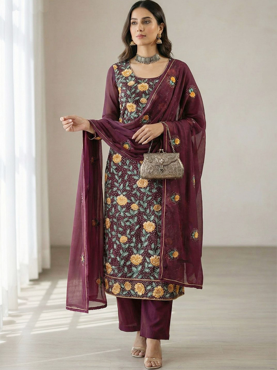 Wine Georgette Embroidery Sequins Wedding Party Festival Ready Pant Salwar Kameez
