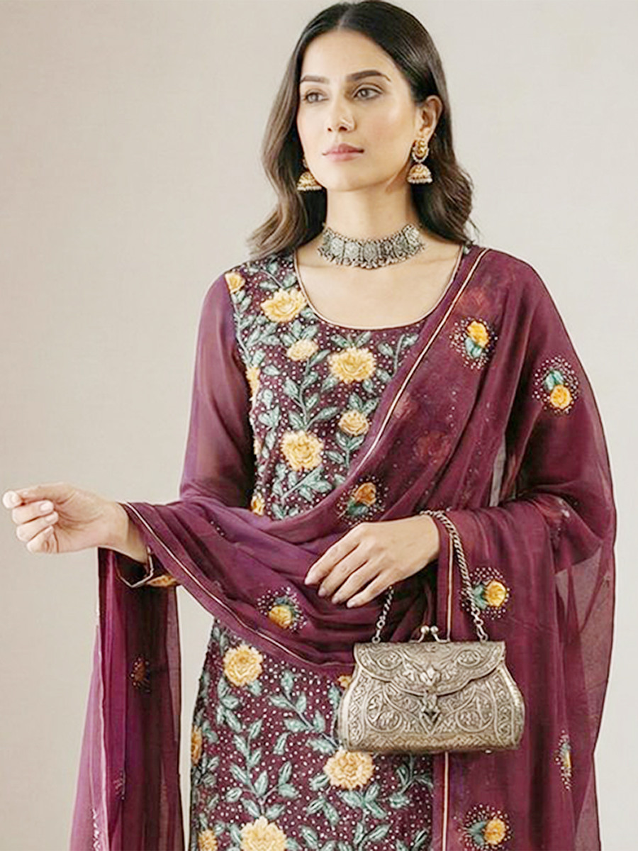 Wine Georgette Embroidery Sequins Wedding Party Festival Ready Pant Salwar Kameez
