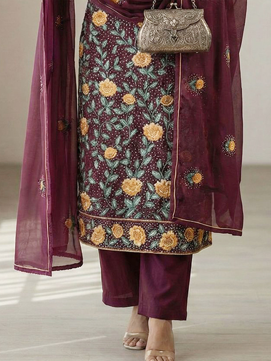 Wine Georgette Embroidery Sequins Wedding Party Festival Ready Pant Salwar Kameez