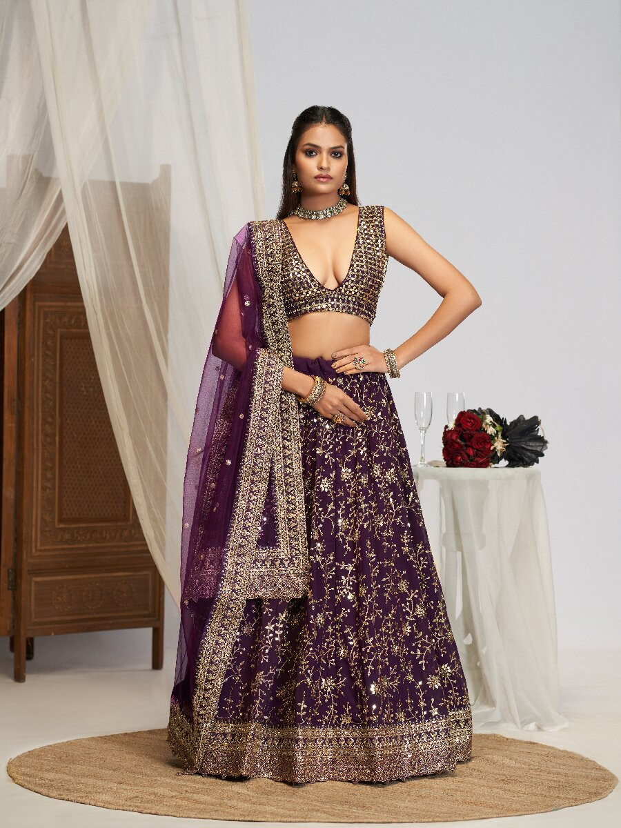 Wine Georgette Embroidery Sequins Zari Wedding Reception Party Festival Heavy Border Lehenga Choli
