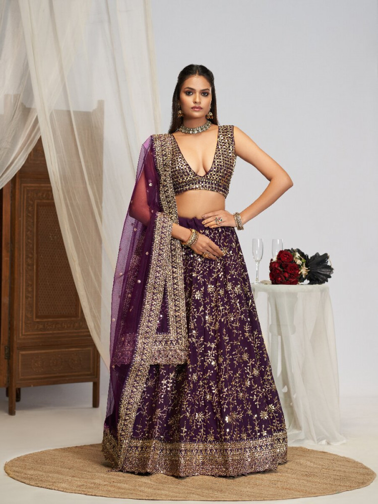 Image of Wine Georgette Embroidery Sequins Zari Wedding Reception Party Festival Heavy Border Lehenga Choli