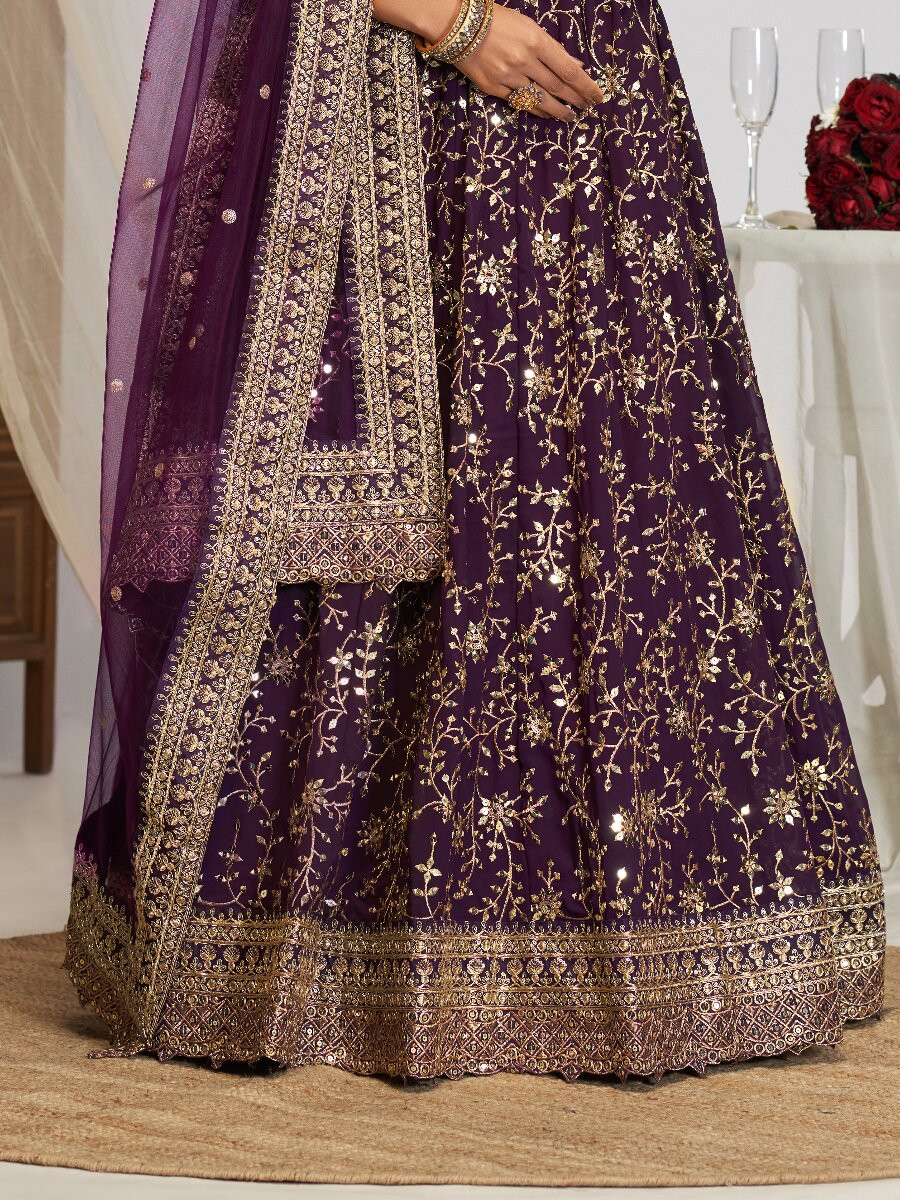 Wine Georgette Embroidery Sequins Zari Wedding Reception Party Festival Heavy Border Lehenga Choli