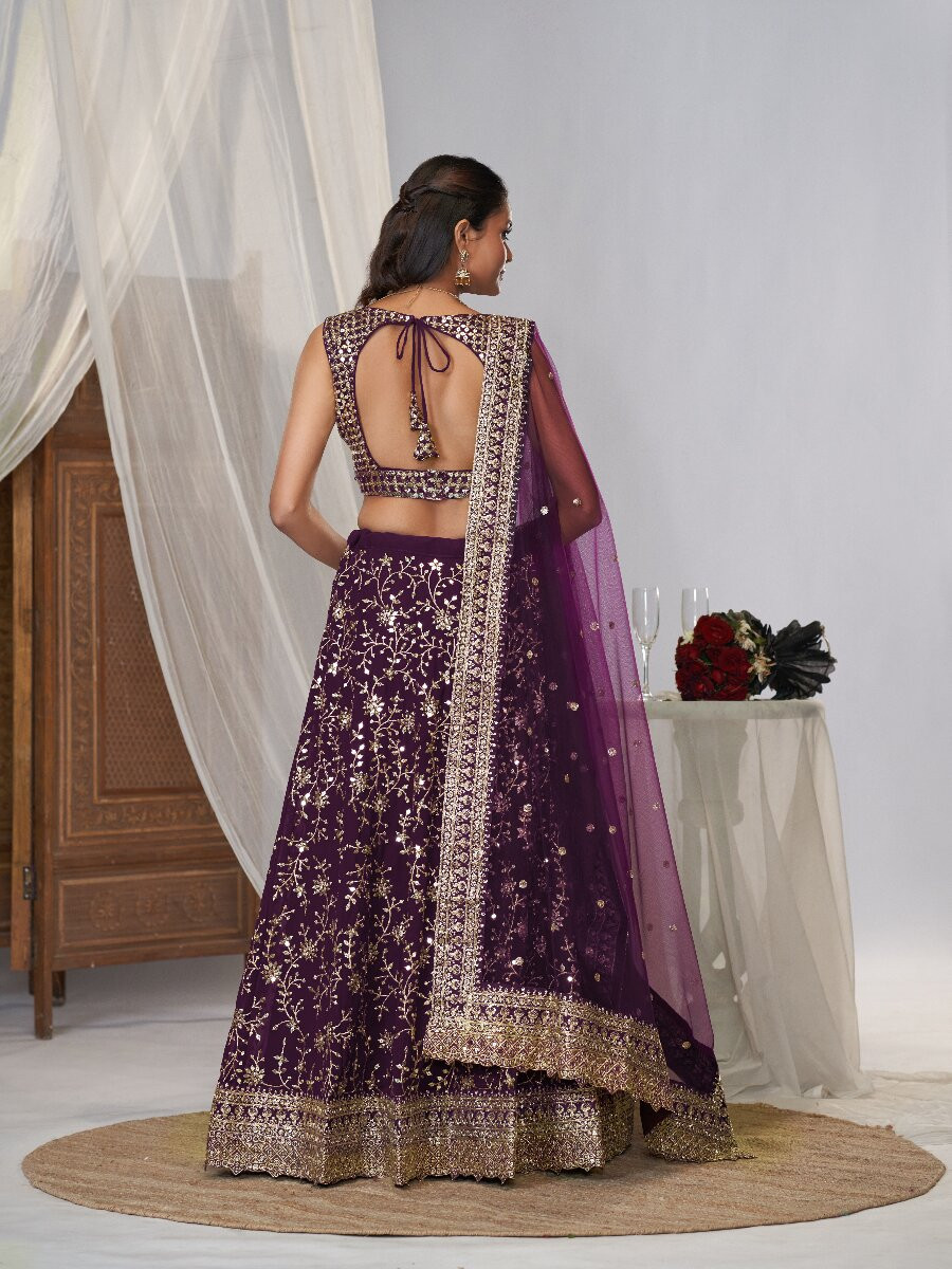 Wine Georgette Embroidery Sequins Zari Wedding Reception Party Festival Heavy Border Lehenga Choli