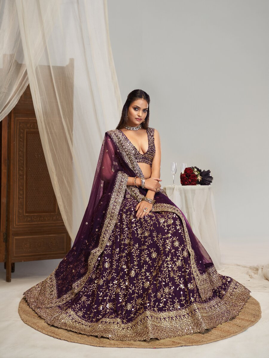 Wine Georgette Embroidery Sequins Zari Wedding Reception Party Festival Heavy Border Lehenga Choli