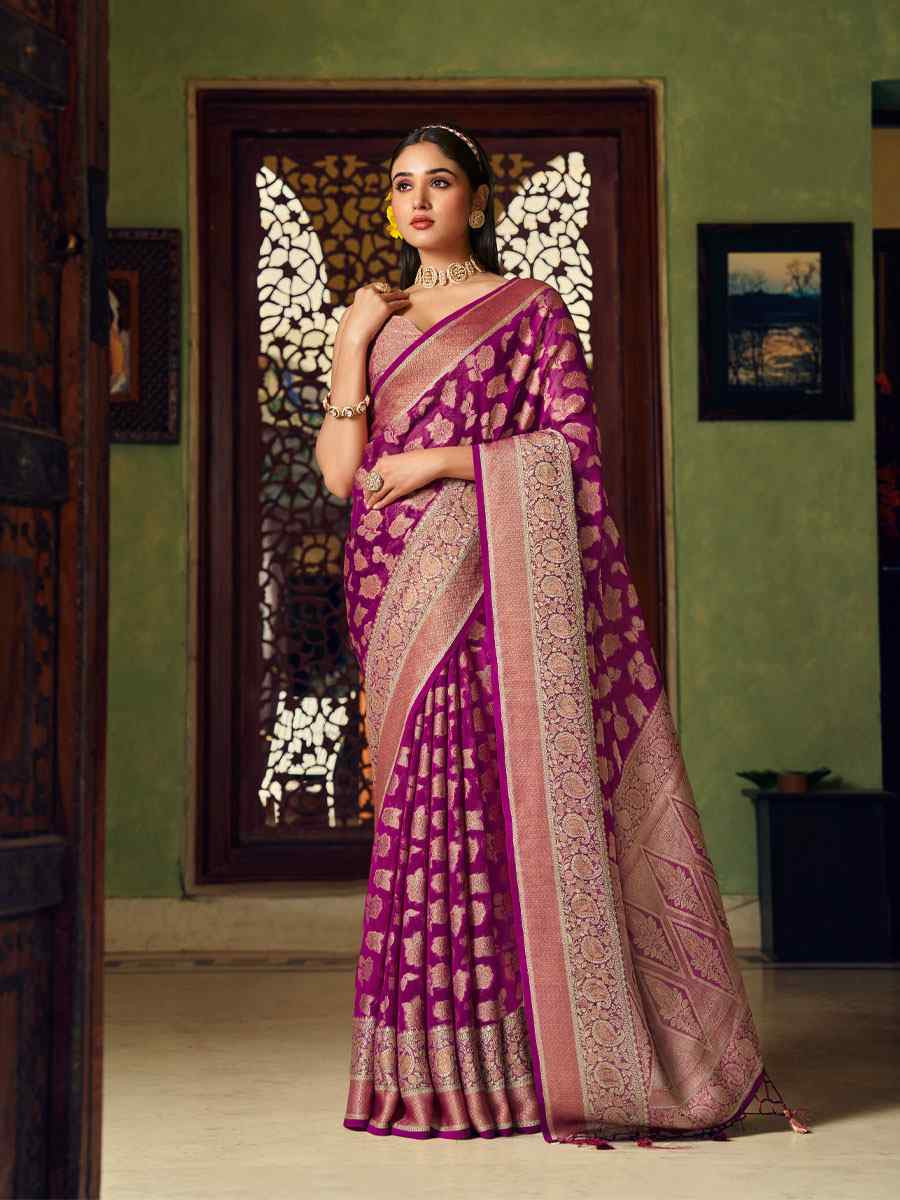 Wine Georgette Handwoven Festival Wedding Fancy Heavy Border Saree