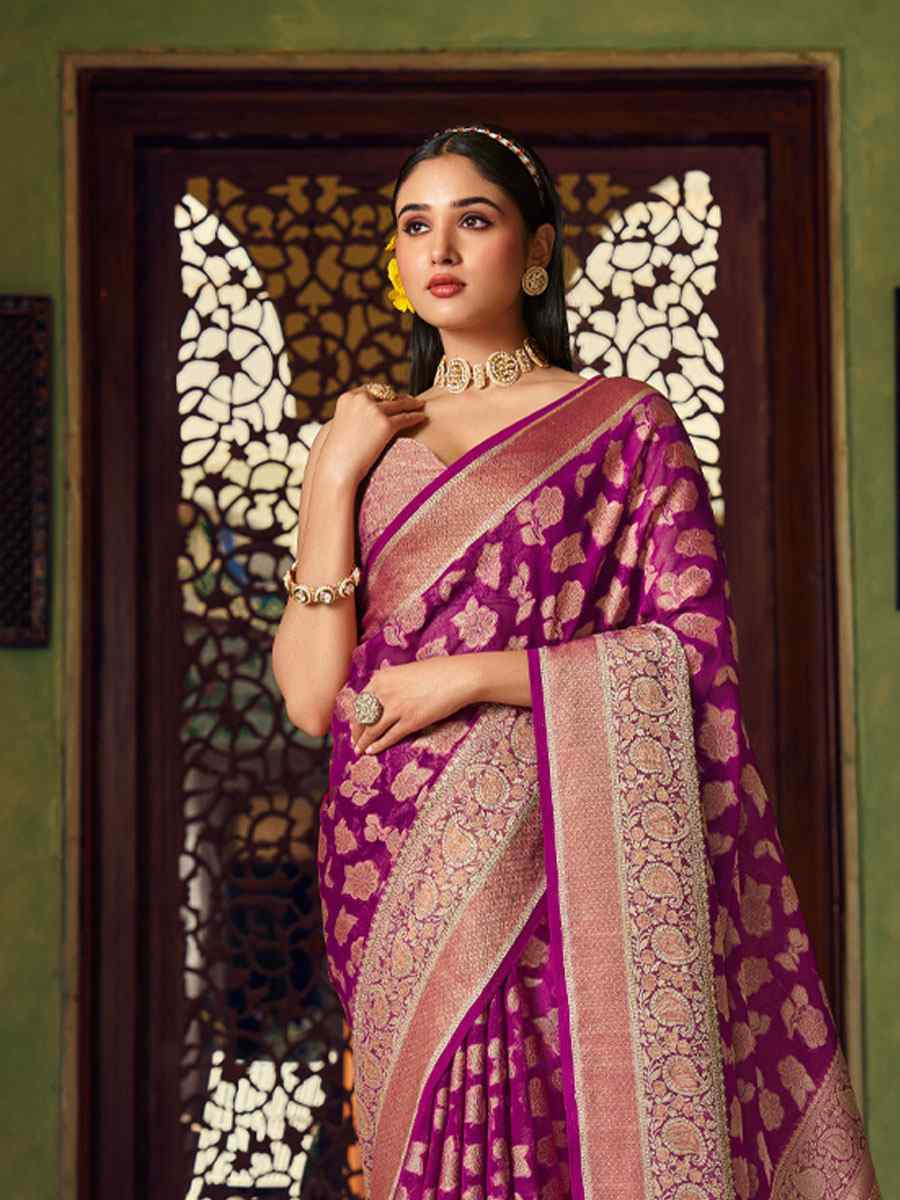 Wine Georgette Handwoven Festival Wedding Fancy Heavy Border Saree