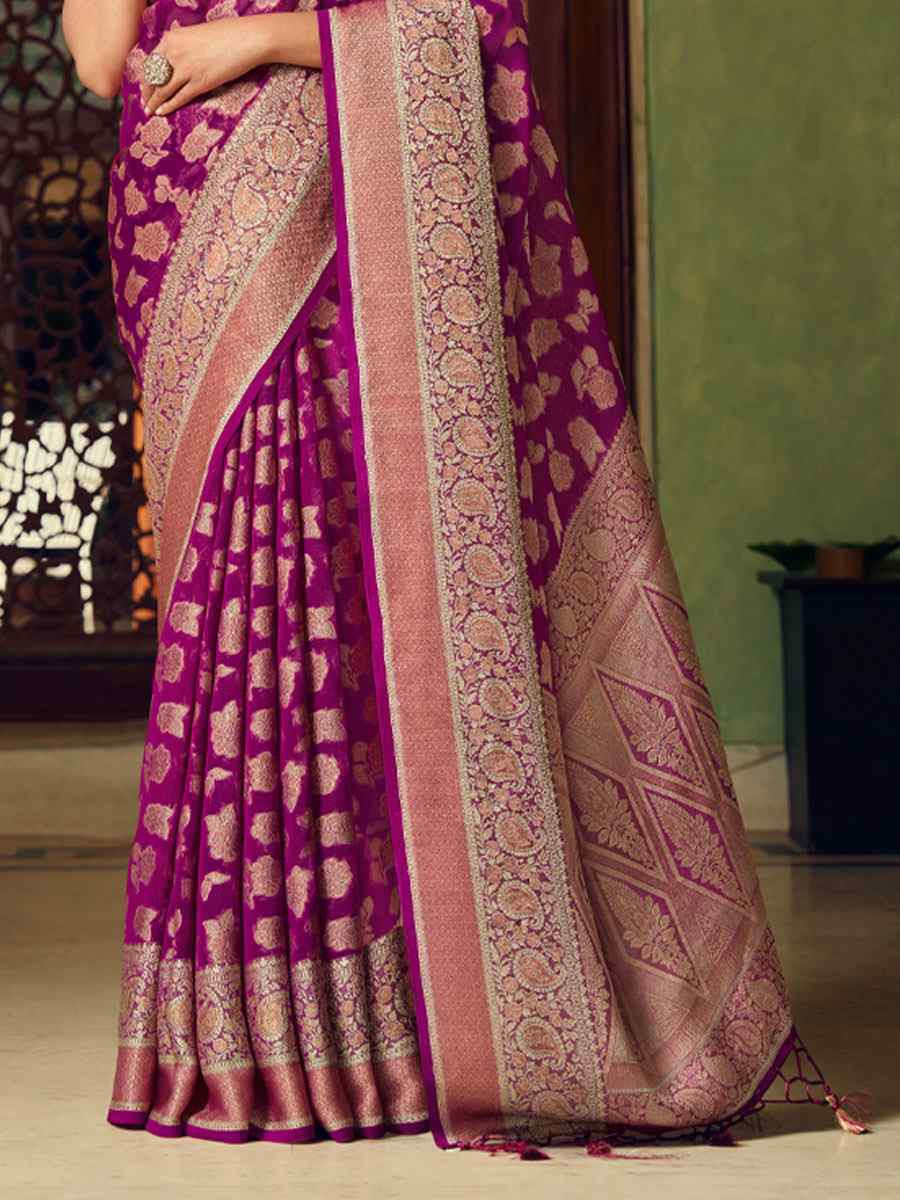 Wine Georgette Handwoven Festival Wedding Fancy Heavy Border Saree