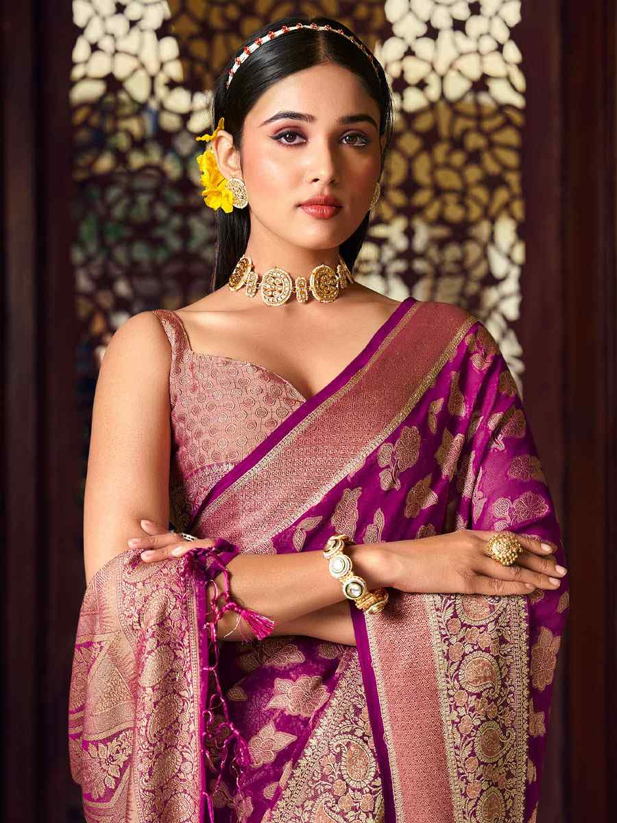 Wine Georgette Handwoven Festival Wedding Fancy Heavy Border Saree