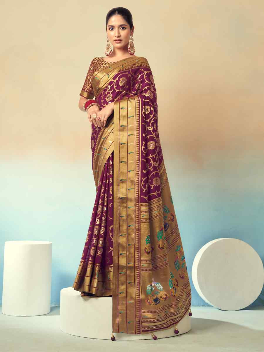 Wine Georgette Handwoven Festival Wedding Fancy Heavy Border Saree