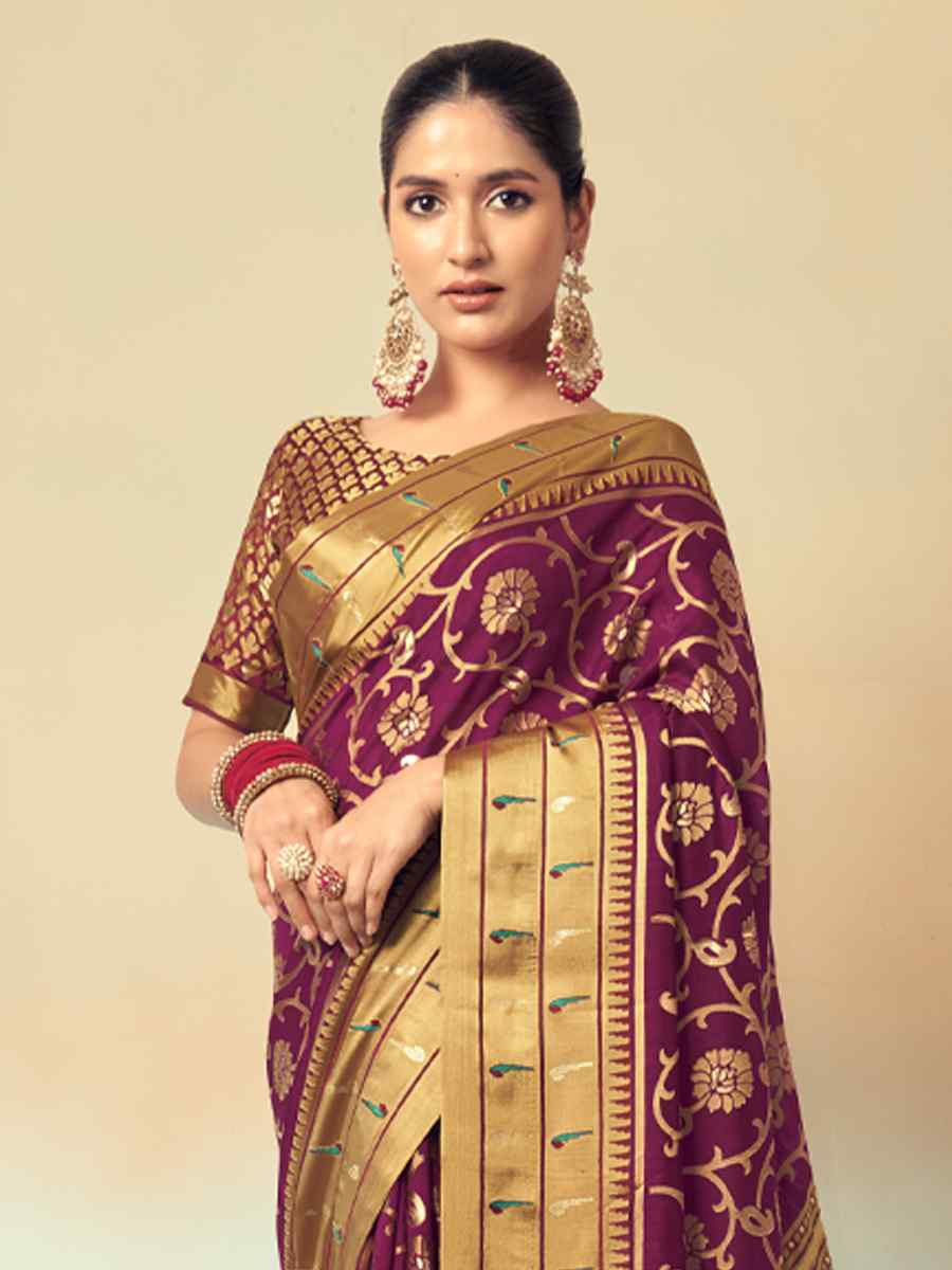 Wine Georgette Handwoven Festival Wedding Fancy Heavy Border Saree
