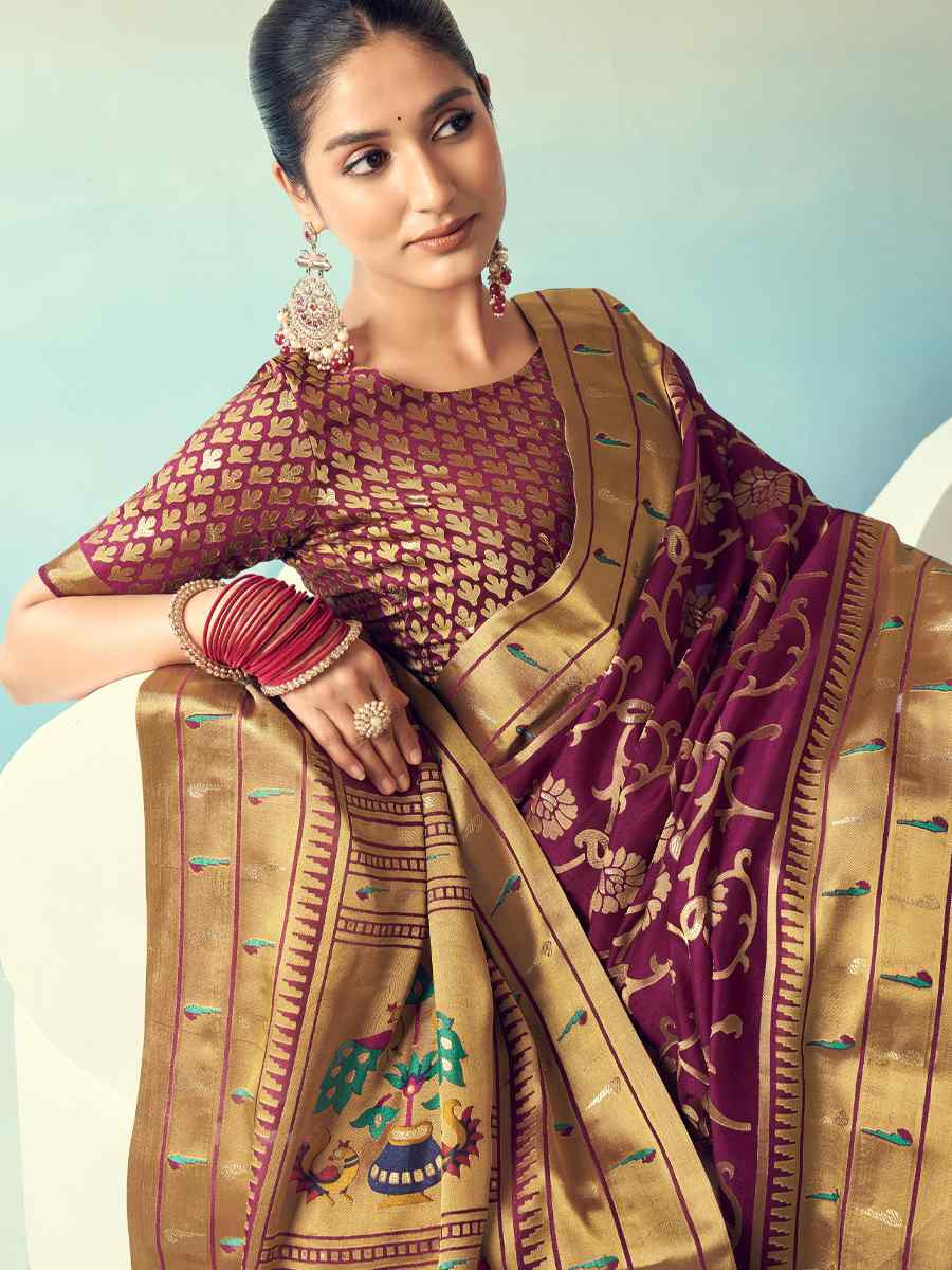 Wine Georgette Handwoven Festival Wedding Fancy Heavy Border Saree
