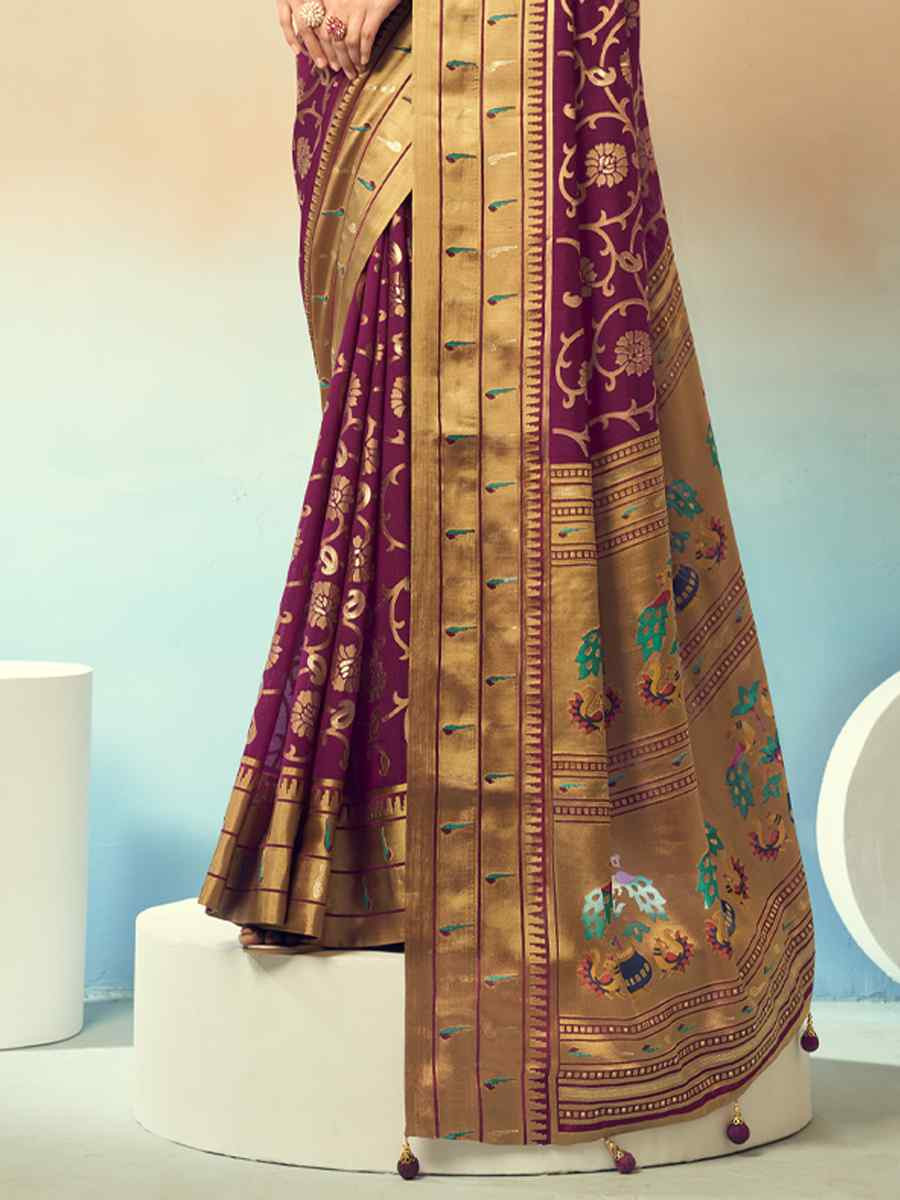 Wine Georgette Handwoven Festival Wedding Fancy Heavy Border Saree