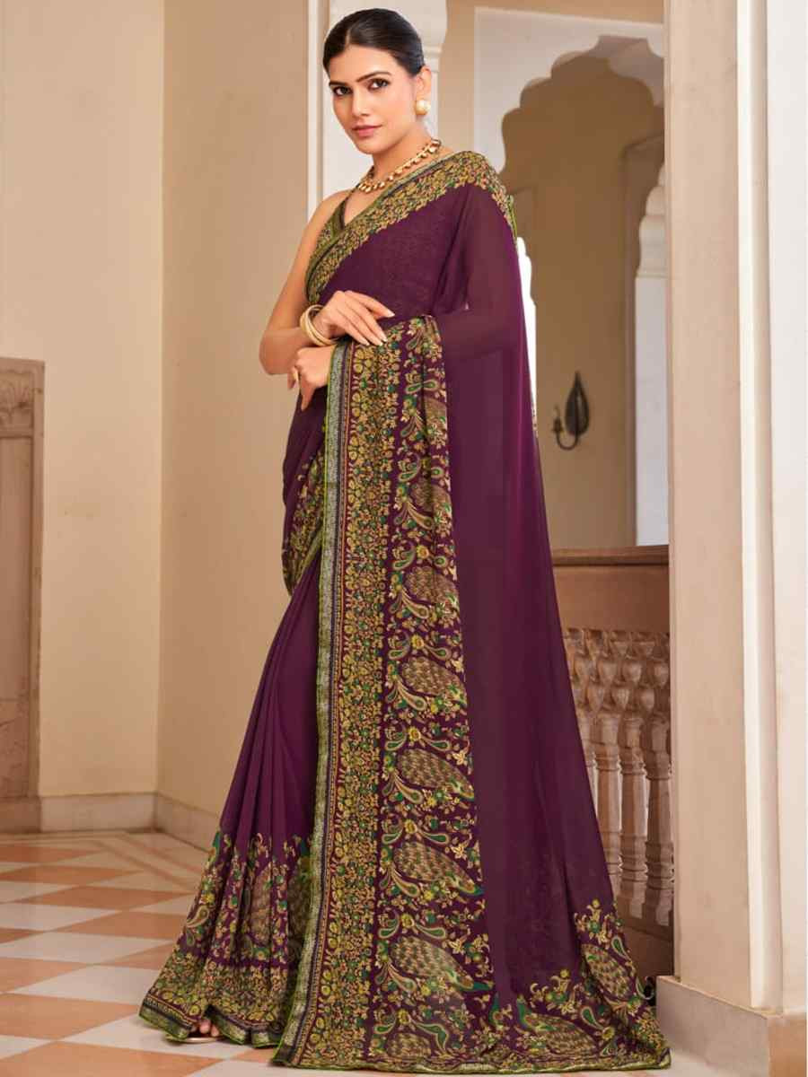 Wine Georgette Printed Festival Wedding Fancy Heavy Border Saree