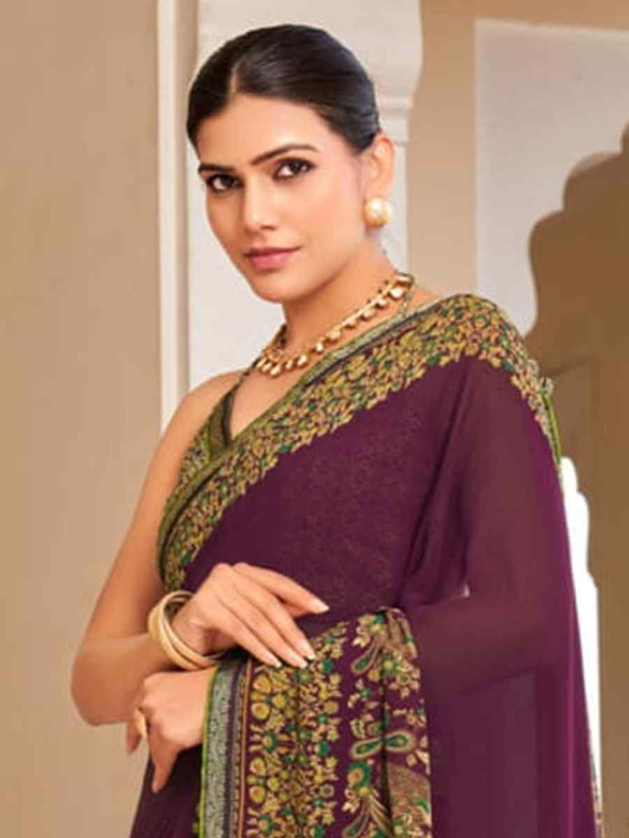 Wine Georgette Printed Festival Wedding Fancy Heavy Border Saree