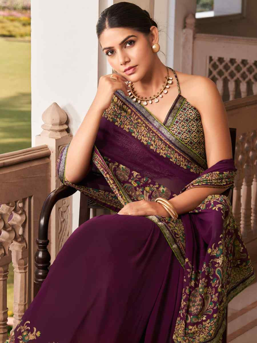 Wine Georgette Printed Festival Wedding Fancy Heavy Border Saree