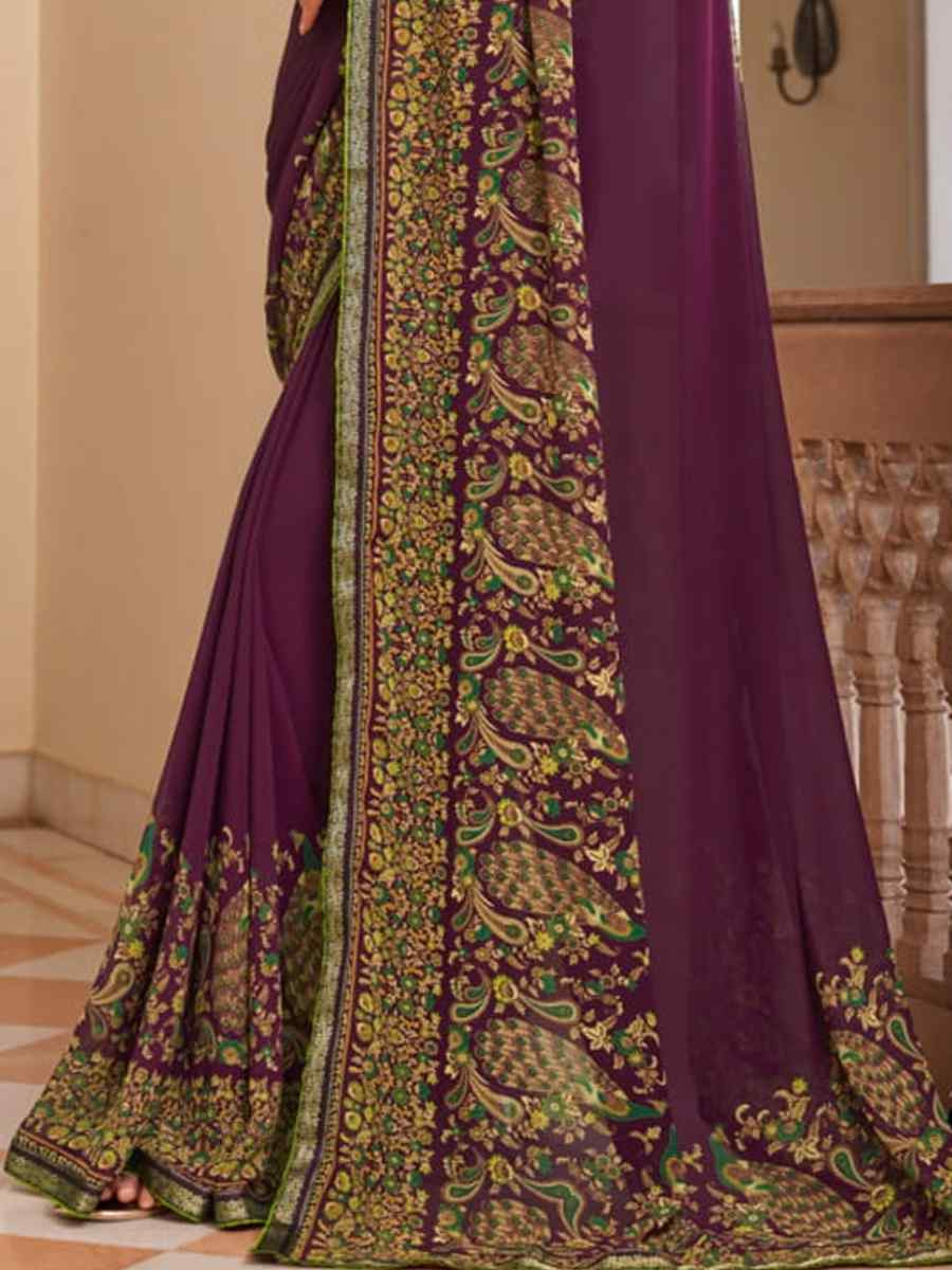 Wine Georgette Printed Festival Wedding Fancy Heavy Border Saree