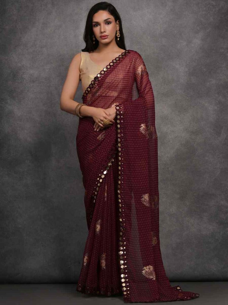 Wine Georgette Printed Party Casual Classic Style Saree