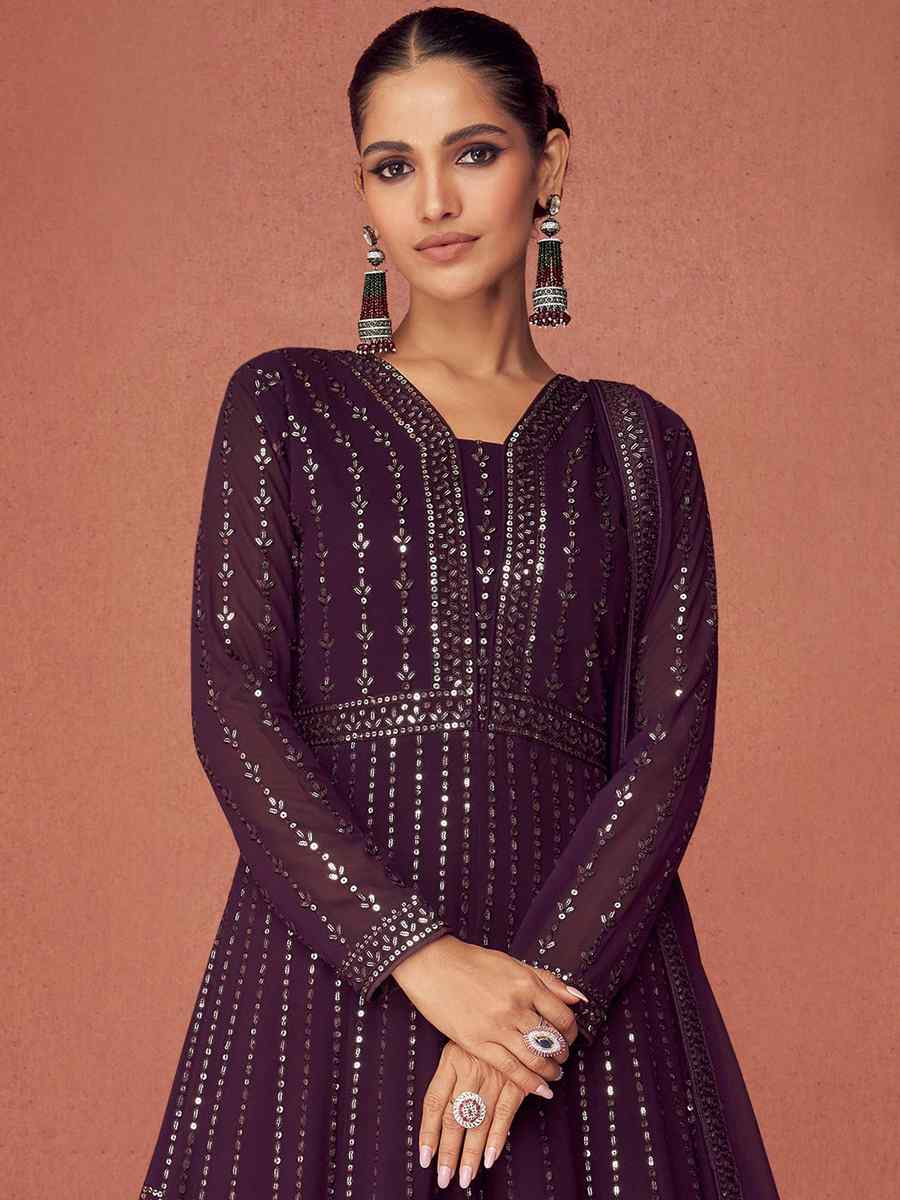 Wine Georgette Satin Embroidered Party Anarkali Salwar Kameez