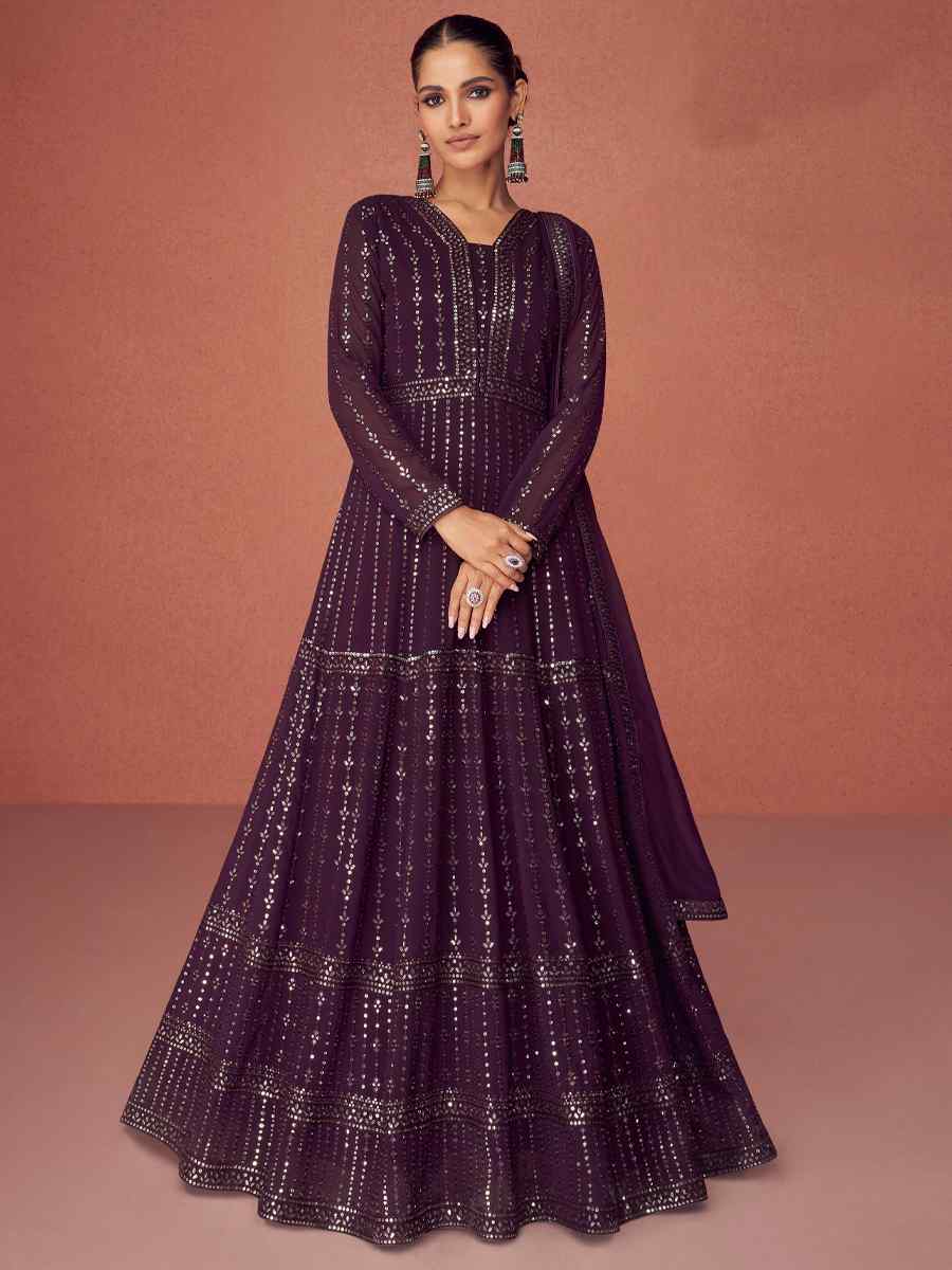 Wine Georgette Satin Embroidered Party Anarkali Salwar Kameez