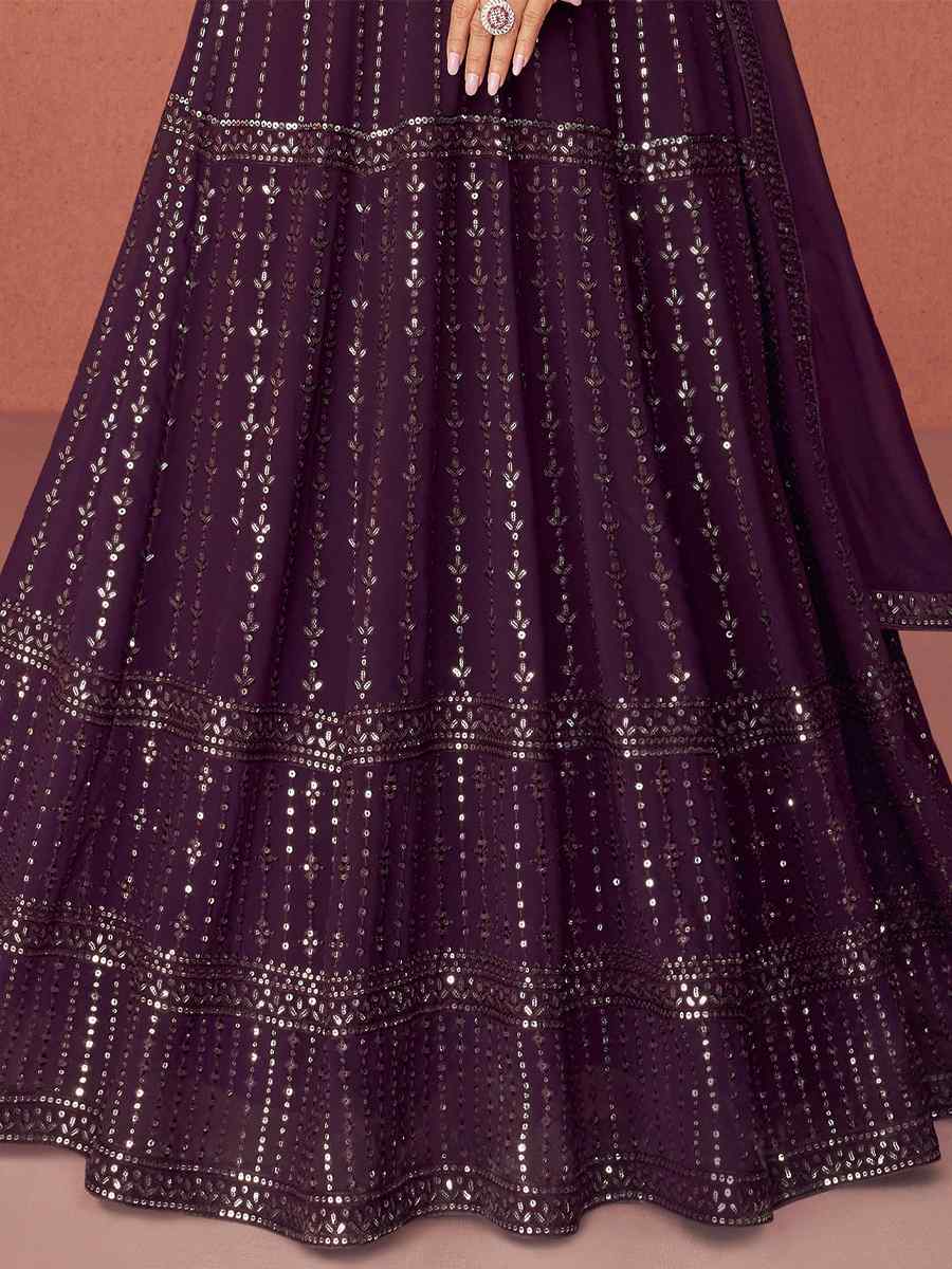 Wine Georgette Satin Embroidered Party Anarkali Salwar Kameez