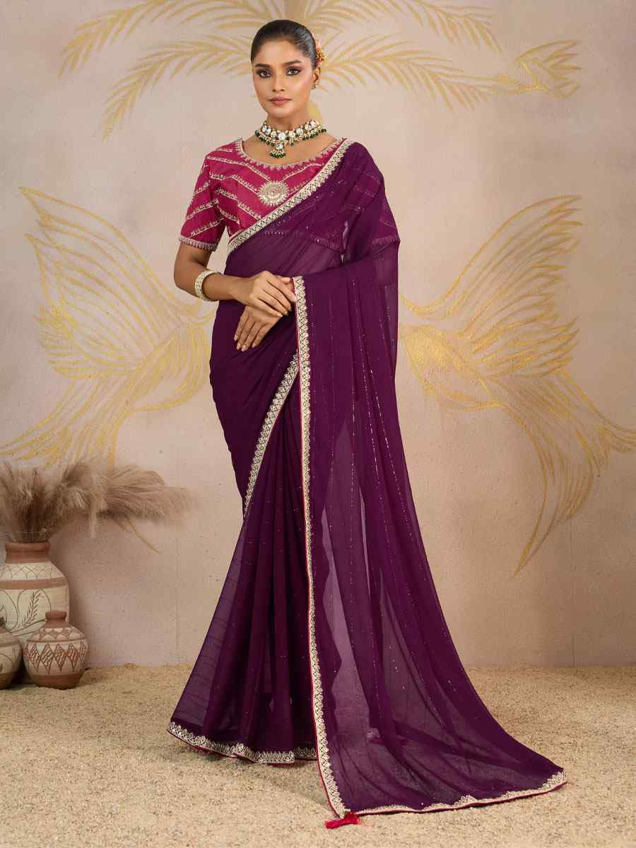 Wine Georgette Sequins Embroidery Party Reception Festival Wedding Fancy Classic Style Sarees