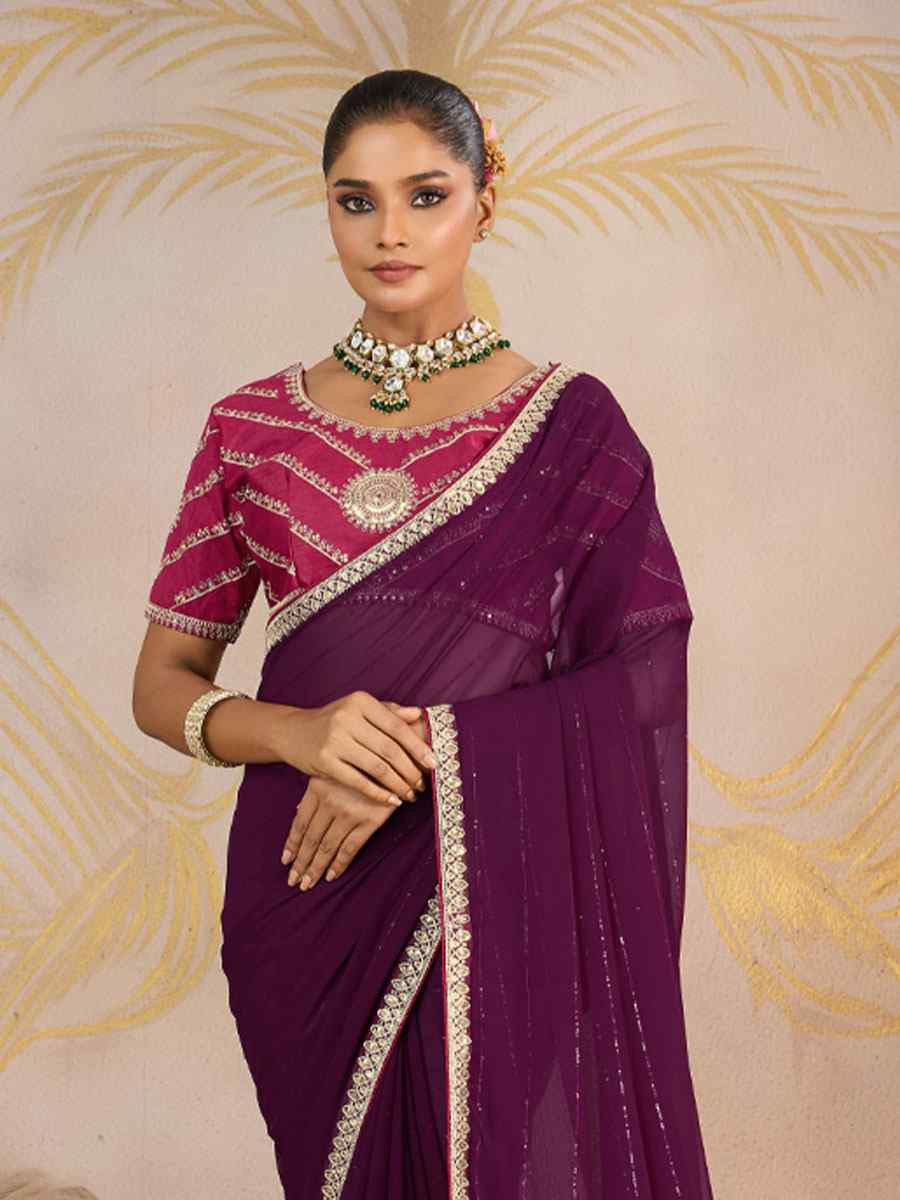 Wine Georgette Sequins Embroidery Party Reception Festival Wedding Fancy Classic Style Sarees