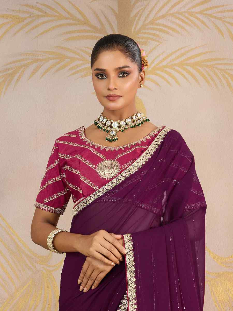 Wine Georgette Sequins Embroidery Party Reception Festival Wedding Fancy Classic Style Sarees