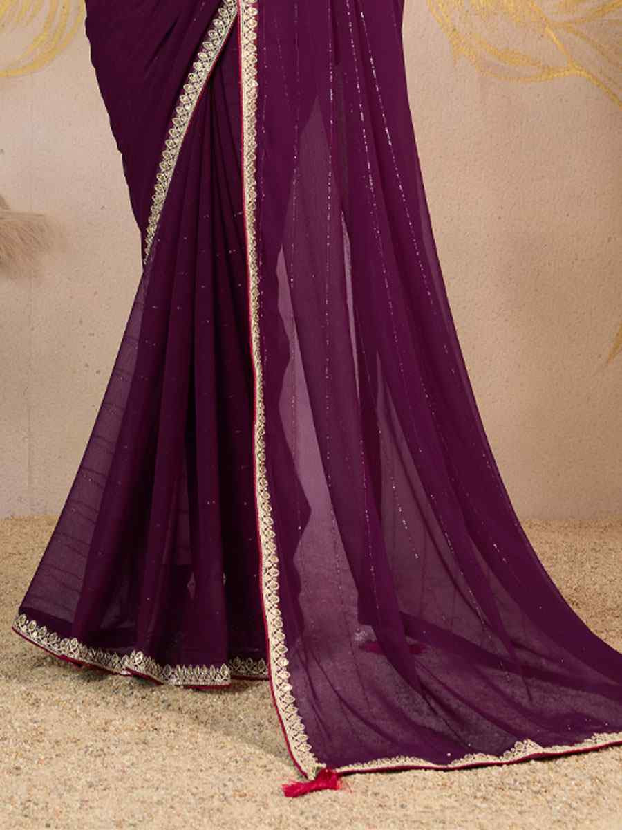 Wine Georgette Sequins Embroidery Party Reception Festival Wedding Fancy Classic Style Sarees