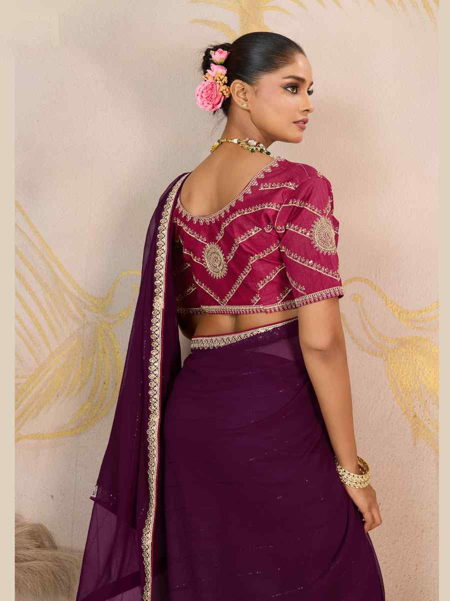 Wine Georgette Sequins Embroidery Party Reception Festival Wedding Fancy Classic Style Sarees