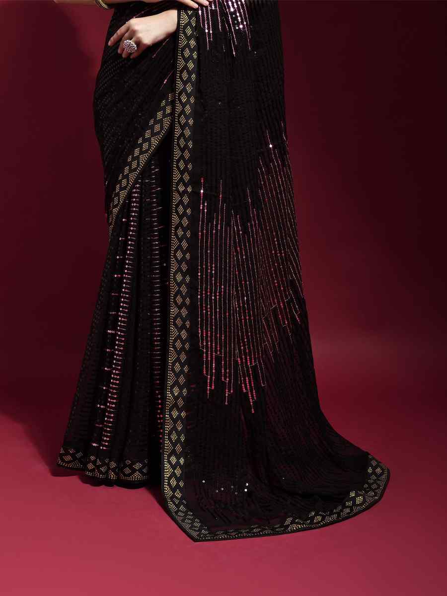 Wine Georgette Sequins Party Cocktail Classic Style Saree