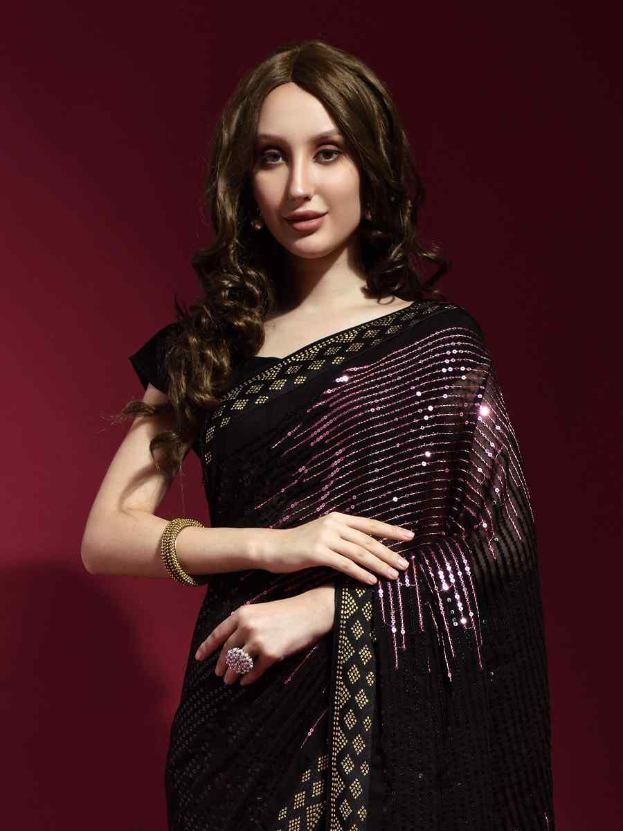Wine Georgette Sequins Party Cocktail Classic Style Saree