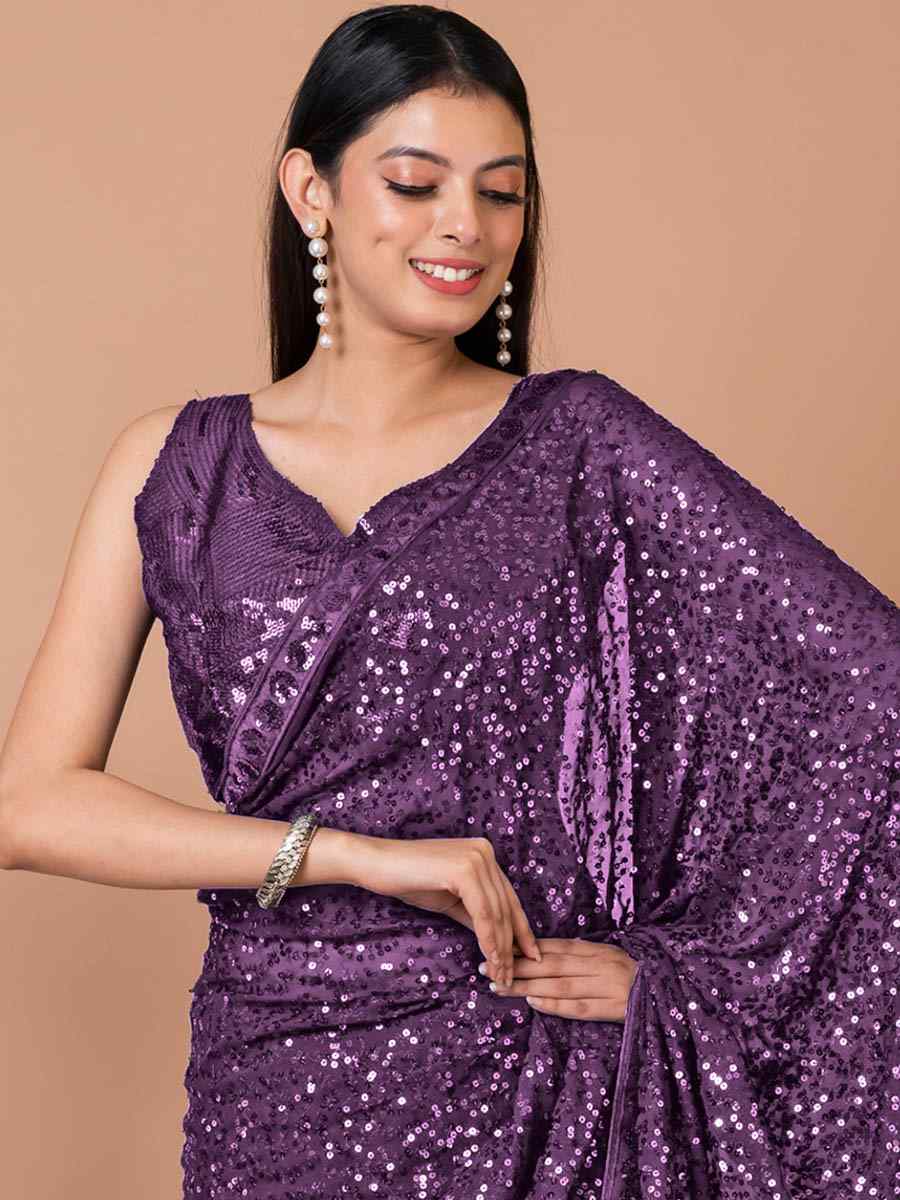 Wine Georgette Sequins Party Festival Classic Style Saree