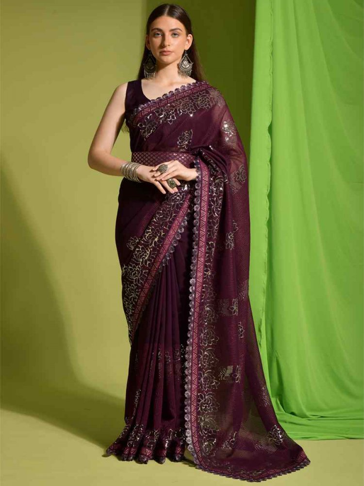 Wine Georgette Sequins Party Festival Classic Style Saree