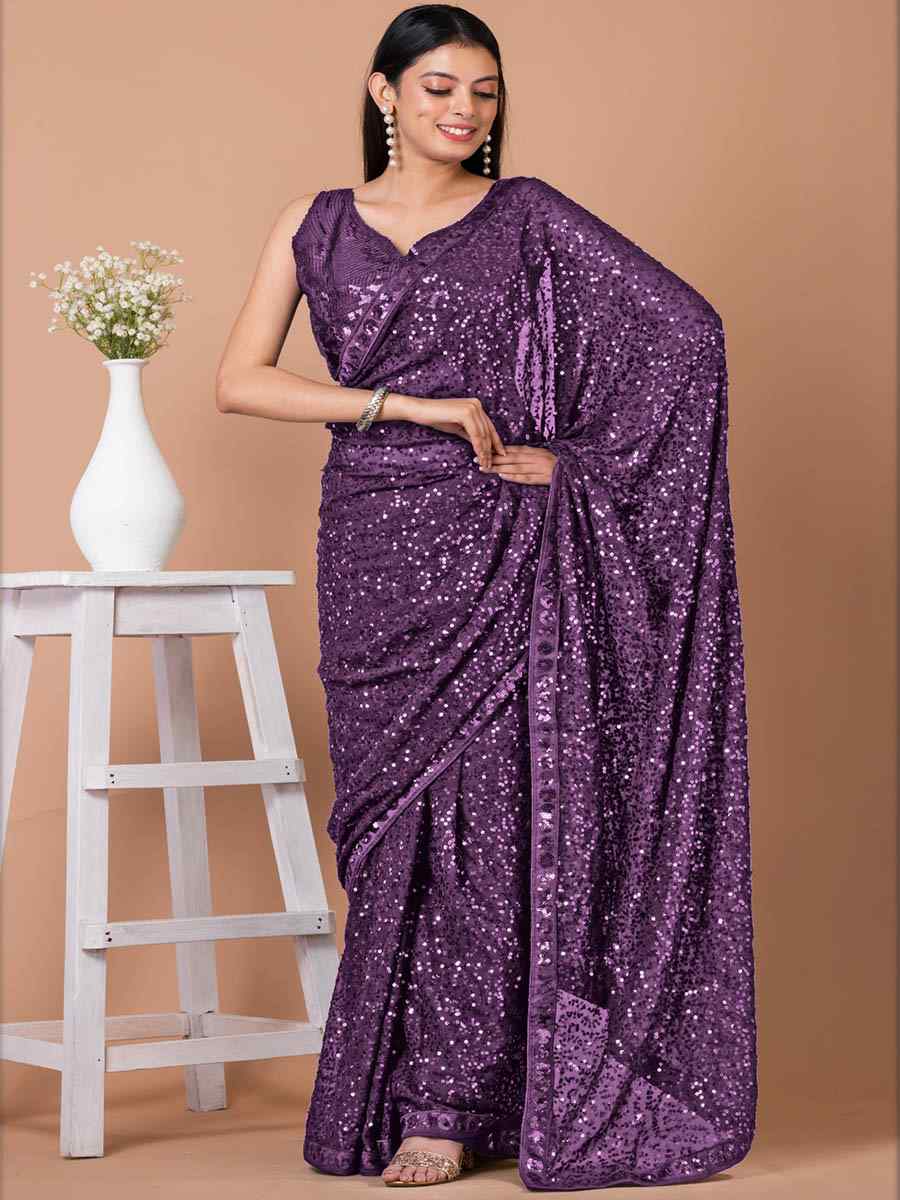 Wine Georgette Sequins Party Festival Classic Style Saree