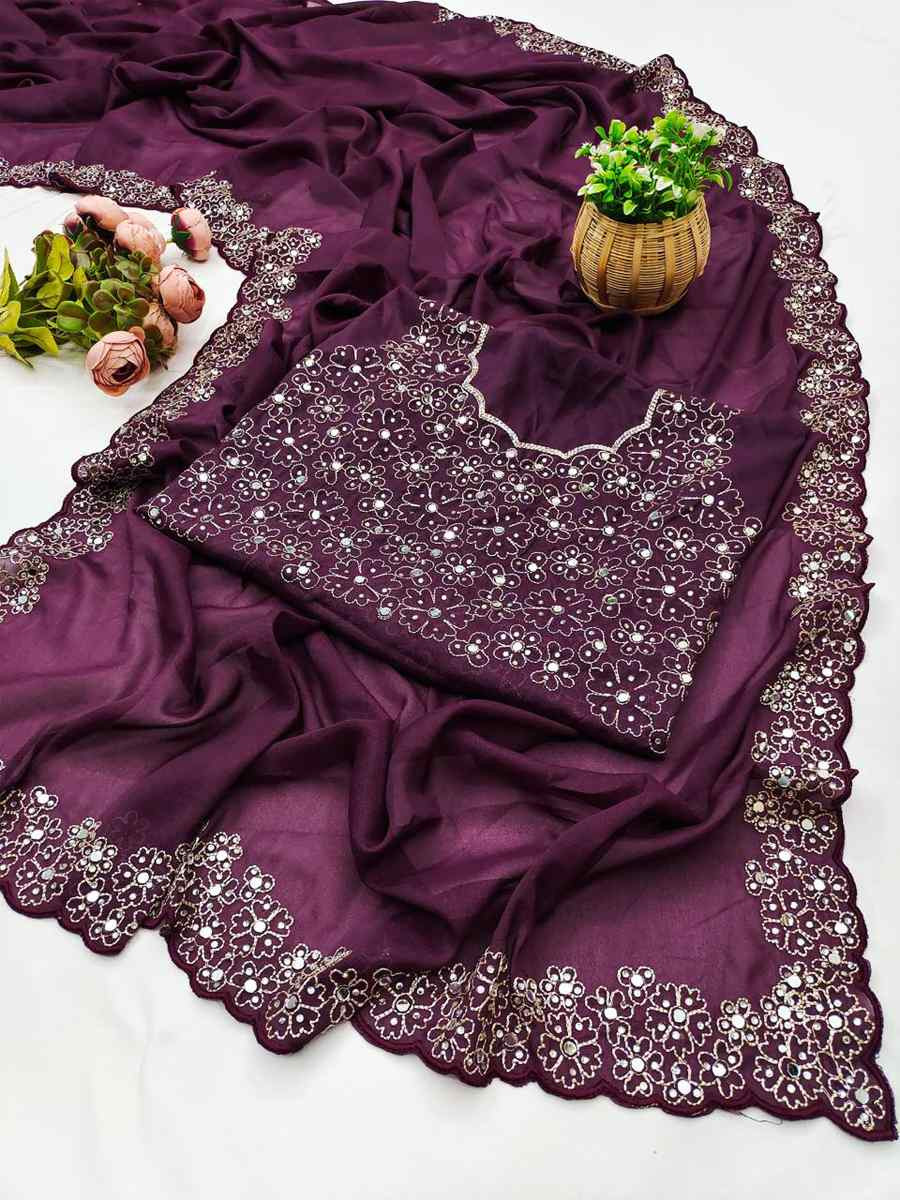 Wine Georgette Silk Embroidery Traditional Casual Reception Festival Wedding Fancy Heavy Border Saree