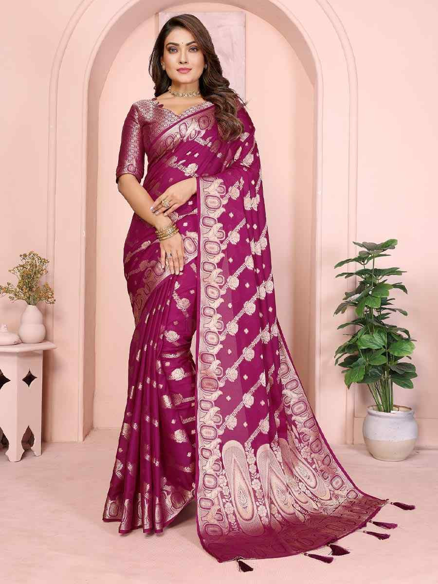 Wine Georgette Silk Handwoven Festival Wedding Fancy Heavy Border Saree
