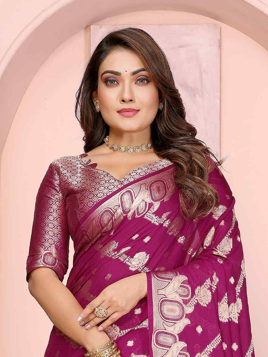 Wine Georgette Silk Handwoven Festival Wedding Fancy Heavy Border Saree